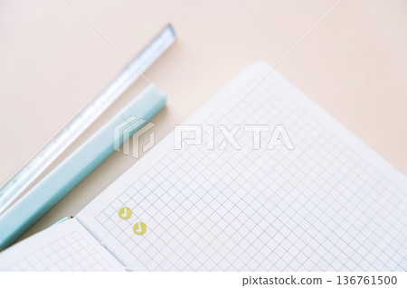 Open grid notebook with green check marks and pens, minimal planning and checklist concept Open grid notebook with green check marks and pens, minimal planning and checklist concept 136761500