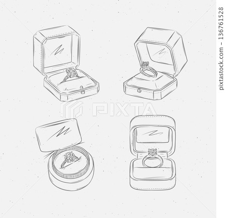 Jewelry velvet box with ring diamond in graphic style Jewelry velvet box with ring diamond in graphic style 136761528