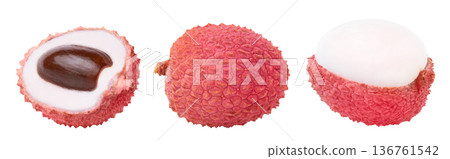 Set of organic whole lychee, half of lychee with seed and peeled lychee isolated without shadow. Set of organic whole lychee, half of lychee with seed and peeled lychee isolated without shadow. 136761542