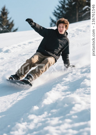 少年雪地单板滑雪英姿飒爽 136761546