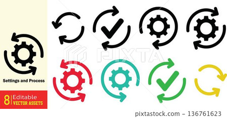 Settings and Process icons collection with gear and checkmark symbols in various colors isolated on transparent background Settings and Process icons collection with gear and checkmark symbols in various colors isolated on transparent background 136761623
