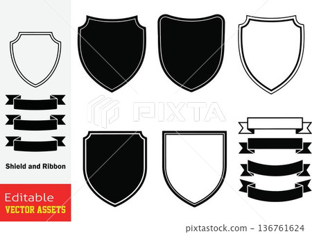 Shield and ribbon graphics collection for security protection 136761624