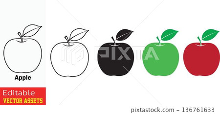 Vector illustration of five apples with different colors and styles on transparent background ending in one final red apple 136761633