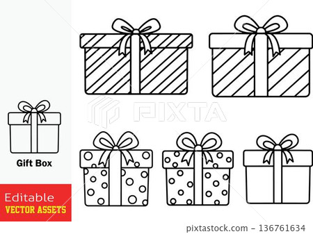 Vector illustration of gift boxes with different patterns and bows isolated on transparent background Vector illustration of gift boxes with different patterns and bows isolated on transparent background 136761634