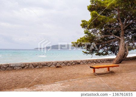 Lonely wooden bench under a pine tree by the sea on a cloudy day. Calm coastal landscape with turquoise water and empty beach. Tranquil seaside scene with copy space. Lonely wooden bench under a pine tree by the sea on a cloudy day. Calm coastal landscape with turquoise water and empty beach. Tranquil seaside scene with copy space. 136761655