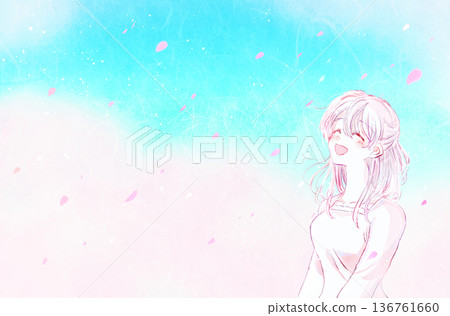 Smiling woman and cherry blossom petals falling against blue sky 136761660
