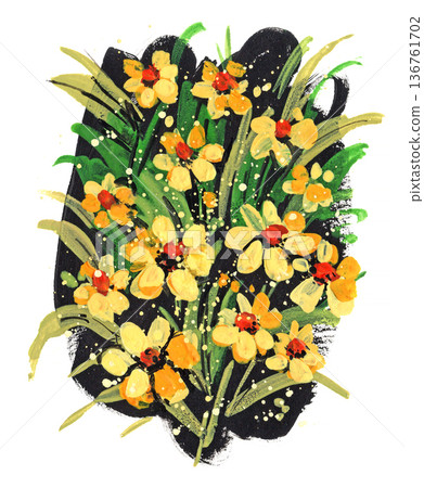 Decorative botanical illustration of yellow wildflowers in a naive storybook style Decorative botanical illustration of yellow wildflowers in a naive storybook style 136761702