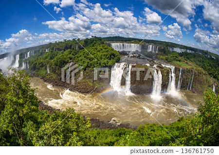 180 degrees panorama of Iguazu falls waterfalls Scenic destination 136761750