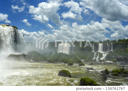 Brazilian side bottom view of Iguazu falls waterfalls Scenic destination 136761767