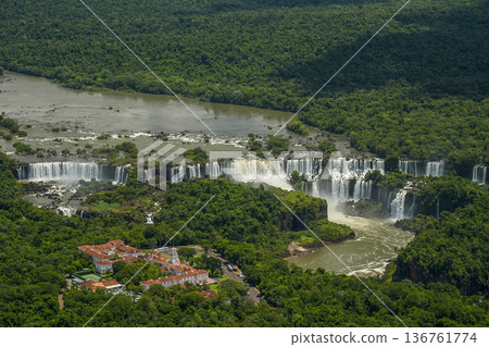Belmond Hotel das Cataratas Aerial view Iguazu falls waterfalls Scenic destination panorama from helicopter tour Belmond Hotel das Cataratas Aerial view Iguazu falls waterfalls Scenic destination panorama from helicopter tour 136761774