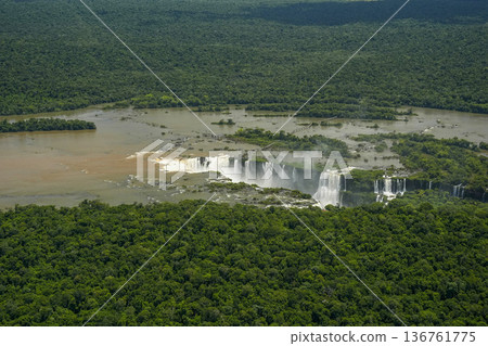 Aerial view Iguazu falls waterfalls Scenic destination panorama from helicopter tour Aerial view Iguazu falls waterfalls Scenic destination panorama from helicopter tour 136761775