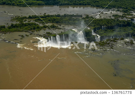 river Aerial view Iguazu falls waterfalls Scenic destination panorama from helicopter tour river Aerial view Iguazu falls waterfalls Scenic destination panorama from helicopter tour 136761778