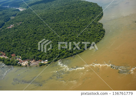 river Aerial view Iguazu falls waterfalls Scenic destination panorama from helicopter tour river Aerial view Iguazu falls waterfalls Scenic destination panorama from helicopter tour 136761779