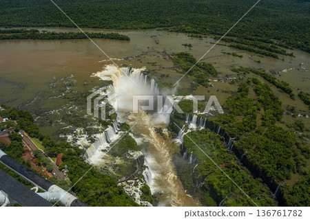 Aerial view Iguazu falls waterfalls Scenic destination panorama from helicopter tour Aerial view Iguazu falls waterfalls Scenic destination panorama from helicopter tour 136761782