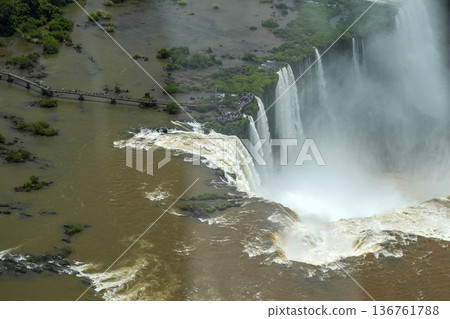 Aerial view Iguazu falls waterfalls Scenic destination panorama from helicopter tour Aerial view Iguazu falls waterfalls Scenic destination panorama from helicopter tour 136761788