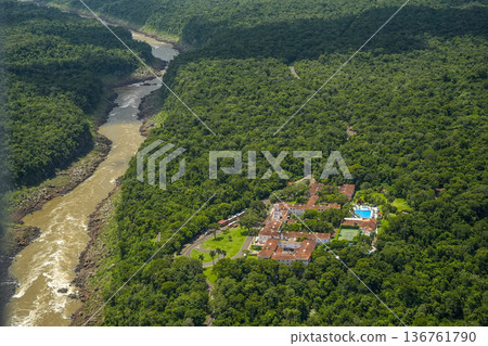 Belmond Hotel das Cataratas Aerial view Iguazu falls waterfalls Scenic destination panorama from helicopter tour Belmond Hotel das Cataratas Aerial view Iguazu falls waterfalls Scenic destination panorama from helicopter tour 136761790