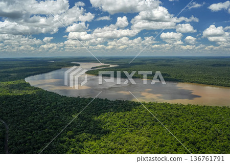 river Aerial view Iguazu falls waterfalls Scenic destination panorama from helicopter tour river Aerial view Iguazu falls waterfalls Scenic destination panorama from helicopter tour 136761791