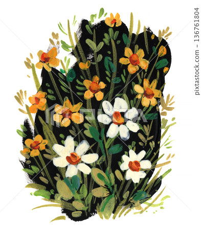 Hand-painted floral artwork with a vintage mood, ideal for greeting cards, vignettes, and decorative designs. Hand-painted floral artwork with a vintage mood, ideal for greeting cards, vignettes, and decorative designs. 136761804