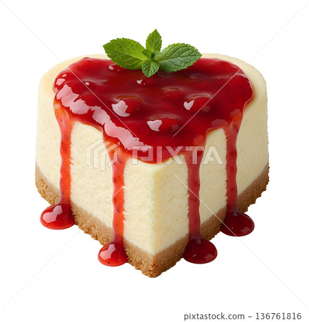Delicious heart-shaped cheesecake drizzled with strawberry sauce and garnished with fresh mint leaves, perfect for valentine's day desserts 136761816