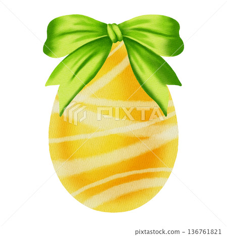 Watercolor illustration of an Easter egg with a silk bow. Happy Easter. Perfect for spring holidays, greeting cards, seasonal decor, packaging, and textiles. Watercolor illustration of an Easter egg with a silk bow. Happy Easter. Perfect for spring holidays, greeting cards, seasonal decor, packaging, and textiles. 136761821