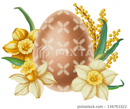 Watercolor illustration of an Easter egg surrounded by spring flowers tulips, daffodils, and mimosa. Happy Easter. Perfect for spring holidays, greeting cards, seasonal decor, packaging, and textiles Watercolor illustration of an Easter egg surrounded by spring flowers tulips, daffodils, and mimosa. Happy Easter. Perfect for spring holidays, greeting cards, seasonal decor, packaging, and textiles 136761822