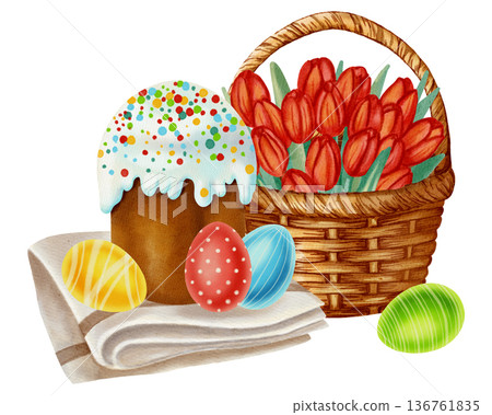 Watercolor illustration of an Easter cake with painted multicolored eggs and spring flowers. Perfect for cards, invitations, packaging, and seasonal designs. Watercolor illustration of an Easter cake with painted multicolored eggs and spring flowers. Perfect for cards, invitations, packaging, and seasonal designs. 136761835