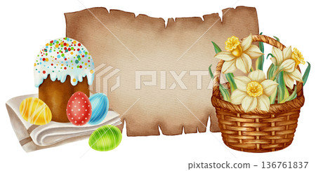 Hand drawn watercolor Easter background with parchment scroll, birdhouse, spring flowers, nest with chick and colorful eggs, Easter cake. Perfect for cards, invitations, packaging, and seasonal decor Hand drawn watercolor Easter background with parchment scroll, birdhouse, spring flowers, nest with chick and colorful eggs, Easter cake. Perfect for cards, invitations, packaging, and seasonal decor 136761837