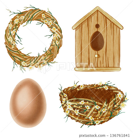 Watercolor Easter set featuring a birdhouse, wreath, nest, and egg. Hand-drawn rustic spring elements. Perfect for holiday cards, decor, scrapbooking, and packaging. 136761841