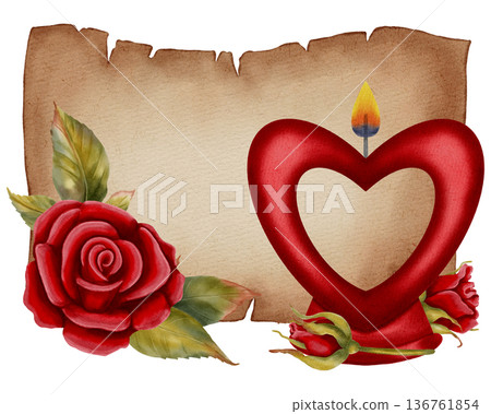 A watercolor illustration of a vintage parchment scroll with red roses and a heart-shaped candle. Perfect for Valentine's Day cards, romantic prints, holiday branding, packaging, and textiles. A watercolor illustration of a vintage parchment scroll with red roses and a heart-shaped candle. Perfect for Valentine's Day cards, romantic prints, holiday branding, packaging, and textiles. 136761854