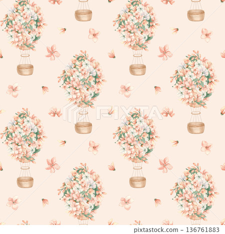 Seamless pattern with hand painted balloon and pink blossoms isolated. Watercolor air ship with pink flowers for baby girl products. Design for baby girl bedding, wrapping paper and nursery decor. Seamless pattern with hand painted balloon and pink blossoms isolated. Watercolor air ship with pink flowers for baby girl products. Design for baby girl bedding, wrapping paper and nursery decor. 136761883