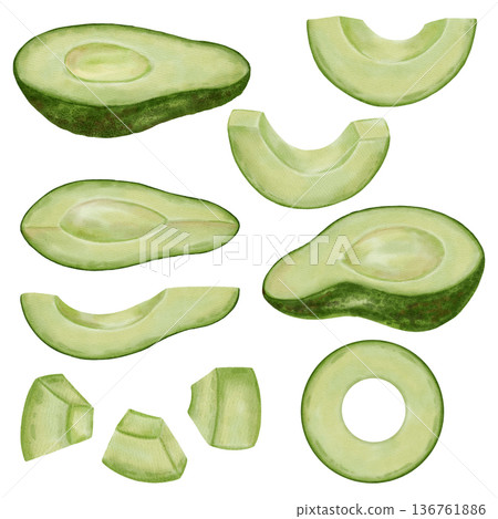 A hand-drawn watercolor avocado set slices and pieces, whole and halves. Perfect for stores, cafes, packaging, menus, logos, and projects related to healthy eating and cosmetics. A hand-drawn watercolor avocado set slices and pieces, whole and halves. Perfect for stores, cafes, packaging, menus, logos, and projects related to healthy eating and cosmetics. 136761886