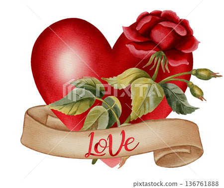 Watercolor illustration of a red heart surrounded by red roses with a vintage ribbon. Perfect for Valentine's Day cards, romantic stationery, holiday branding, packaging, and textiles. Watercolor illustration of a red heart surrounded by red roses with a vintage ribbon. Perfect for Valentine's Day cards, romantic stationery, holiday branding, packaging, and textiles. 136761888