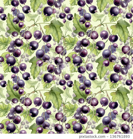 Summer vibrant fruit harvest repeat print on soft background. Black currant watercolor seamless pattern hand drawn. Fresh juicy berry and green leaves drawing for fabric design, textile, packaging. Summer vibrant fruit harvest repeat print on soft background. Black currant watercolor seamless pattern hand drawn. Fresh juicy berry and green leaves drawing for fabric design, textile, packaging. 136761893
