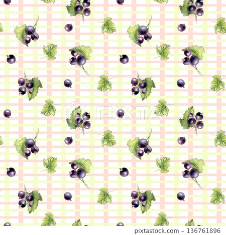Black currant watercolor seamless pattern on plaid background. Fresh berry and green leaves hand drawn on striped backdrop. Juicy superfruits for textile or fabric print design. 136761896