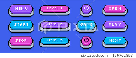Colorful 8bit retro pixel art buttons, interface menu icons or video game symbols 136761898