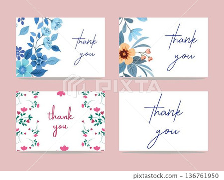four square white thank you cards with floral designs in blue and pink on a pastel pink background four square white thank you cards with floral designs in blue and pink on a pastel pink background 136761950