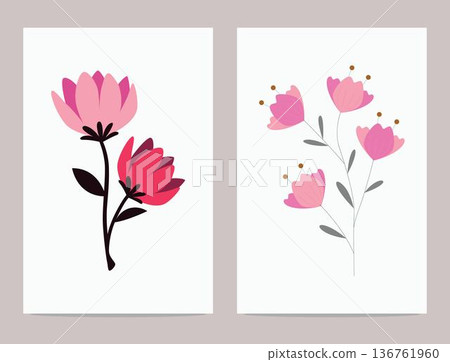 Two floral illustrations with pink flowers and leaves on white background graphic design elements for various uses Two floral illustrations with pink flowers and leaves on white background graphic design elements for various uses 136761960