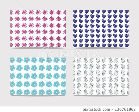Various colorful patterns including flowers and hearts displayed on a grid of squares isolated on transparent background 136761962