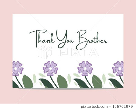 thankyou message card with purple flowers and green leaves on white background surrounded by pink border 136761979
