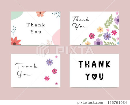 set of thank you cards with floral designs and various typography styles on isolated background 136761984