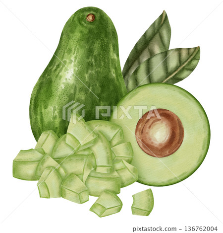 A hand-drawn watercolor illustration of an avocado composition with slices and leaves. Suitable for stores, cafes, packaging, menus, and products related to cooking, skincare, and health. A hand-drawn watercolor illustration of an avocado composition with slices and leaves. Suitable for stores, cafes, packaging, menus, and products related to cooking, skincare, and health. 136762004