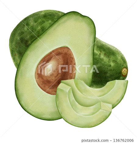 A hand-drawn watercolor illustration of an avocado composition with slices and leaves. Suitable for stores, cafes, packaging, menus, and products related to cooking, skincare, and health 136762006
