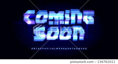 Coming Soon Banner for Digital Conference, Techno Product Launch, Digital Transformation Business Open. Futuristic Glitch Alphabet Logo Font. Video Game Abstract Typography. Vector Illustration 136762011