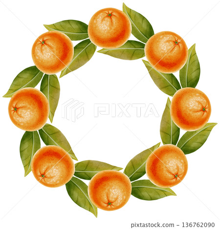Mandarin Orange and Leaf Wreath. Watercolor illustration of a circular wreath featuring peeled and unpeeled mandarins. Perfect for New Year's designs, packaging, menus, branding, and food packaging 136762090