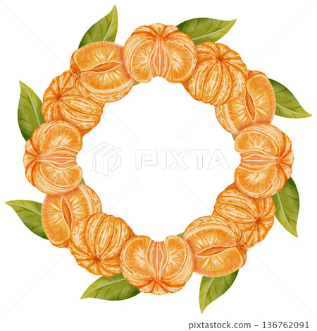 Mandarin Orange and Leaf Wreath. Watercolor illustration of a circular wreath featuring peeled and unpeeled mandarins. Perfect for New Year's designs, packaging, menus, branding, and food packaging 136762091