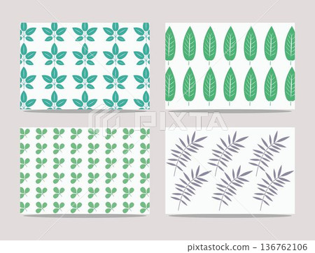 Collection of leaf patterns in various green and purple hues on white backgrounds forming a beautiful floral designs for decoration 136762106