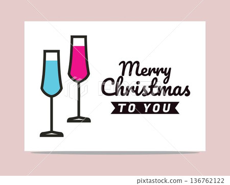 Merry Christmas card with champagne glasses and festive greeting for celebration and holiday wishes Merry Christmas card with champagne glasses and festive greeting for celebration and holiday wishes 136762122