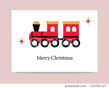 christmas train graphic with red locomotive and carriages on white background with merry christmas text and festive stars christmas train graphic with red locomotive and carriages on white background with merry christmas text and festive stars 136762127