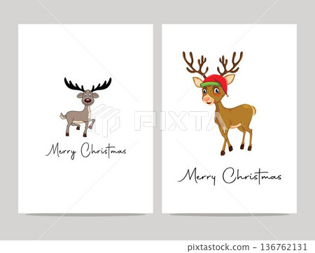 christmas greeting cards with cartoon reindeer illustrations and merry christmas text on isolated white background christmas greeting cards with cartoon reindeer illustrations and merry christmas text on isolated white background 136762131