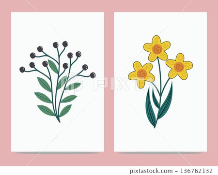 stylised illustrations of flowers and leaves on white cards against a soft pink background stylised illustrations of flowers and leaves on white cards against a soft pink background 136762132